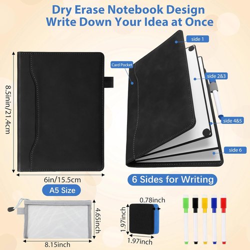Feifeiya Portable 6-Sided Dry Erase Whiteboard Notebook - Anti-Ghosting Surface, 6"x9" (A5) for Travel & Study