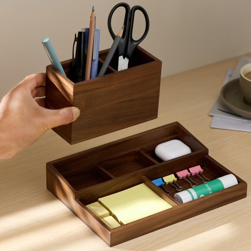 KORUA Walnut Wood Desk Organizer for Office, Pen Holder for Desk, Pen Organizer for Desk, Walnut Pencil Holder