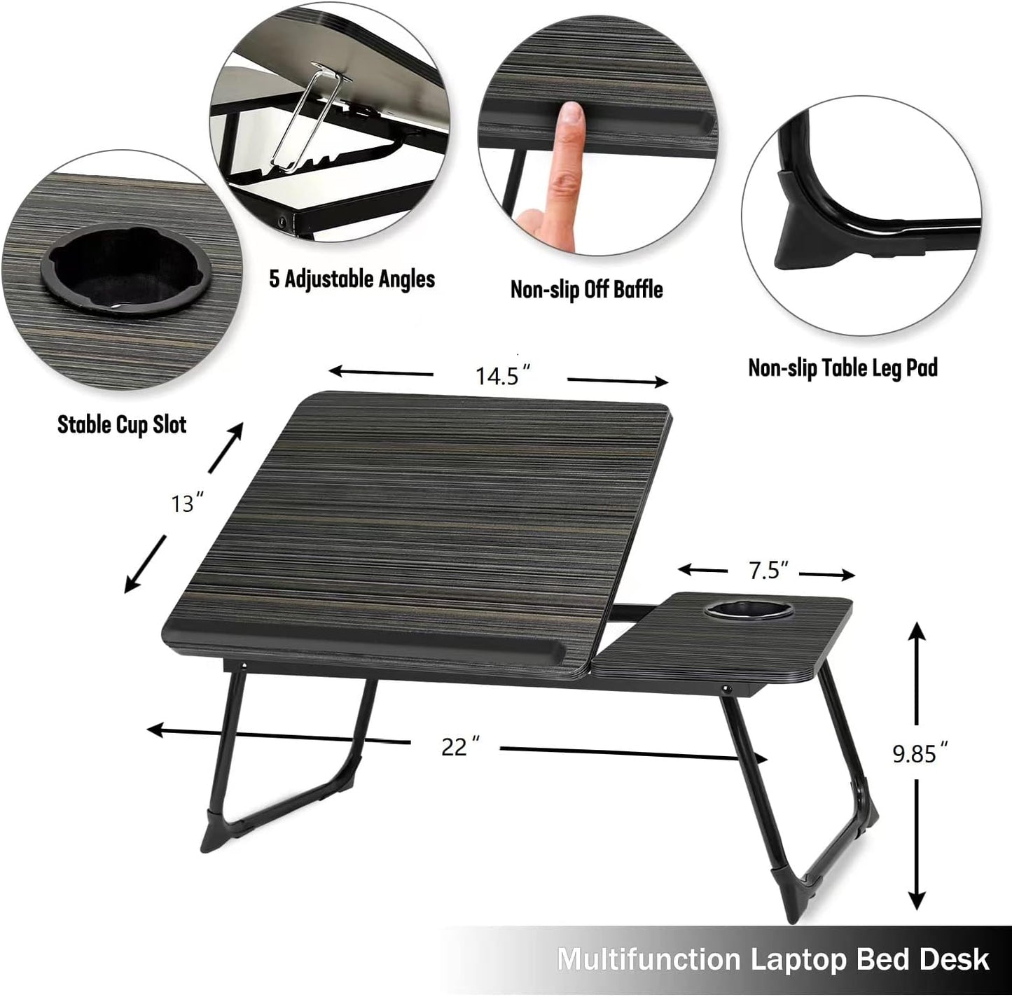Skiennix Portable Laptop Desk - Adjustable Foldable Bed Table with Cup Holder | Black
