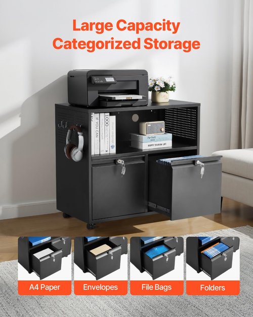 VEVOR 2 Drawers Metal File Cabinet, Lateral Filing Cabinet with Lock and Adjustable Hanging Rods, Wide Filing Storage Cabinets for Home and Office Fit Letter, A4, Legal Size File, Easy Assembly, Black