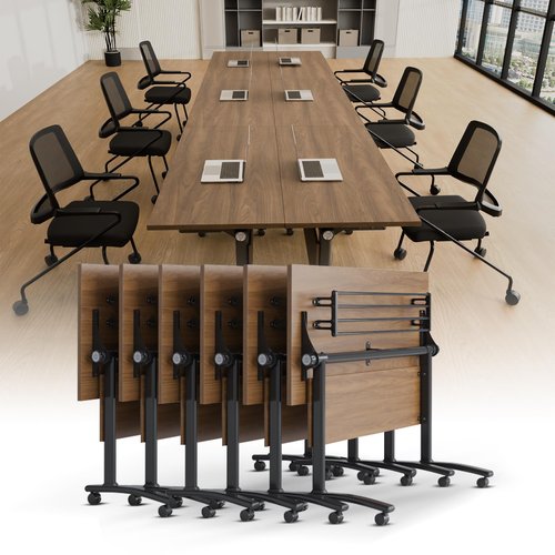 Conference Room Table with Silent Wheels, Mobile Folding Conference Table for 16 Person,Flip Top Office Training Tables with Walnuts Wood Tabletop, for School,Business Meeting Rooms (6 Pack 63in)