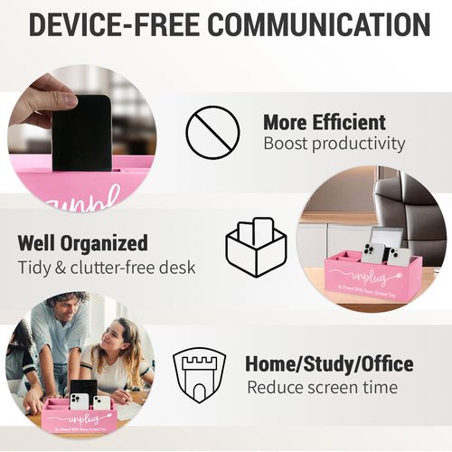 Bamboo Wood Phone Box – Unplug from Phones, Tablets, and Electronics for Study, Meetings, and Family Time, Phone Holder Organizer with Charging Holes, Farmhouse Style, Holds Up to 18 Phones-Pink
