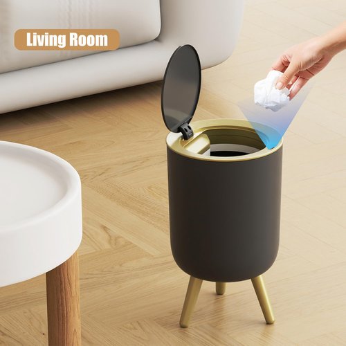 Yatmung Touchless Bathroom Trash Can with Lid - Motion Sensor Garbage Can - Waste Basket for Bedroom, Living Room, Toilet, Office, Plastic - Automatic Trash Bin - Black with Gold Edge