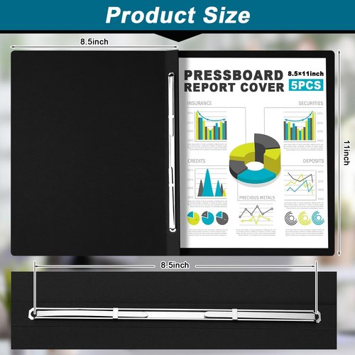 Dunzoom 5 Pcs 8.5 x 11 Inch Pressboard Report Cover, 3'' Capacity, Presentation Binder Folder with Metal Prong for Business, Presentations, Contract, Proposal and Other Documents Management (Black)