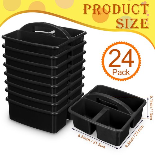 Geelin 24 Pack Classroom Caddy Bulk, Black Plastic Caddy Organizer with Handle 3-compartment Stackable Portable Storage Bins for School Office Supplies