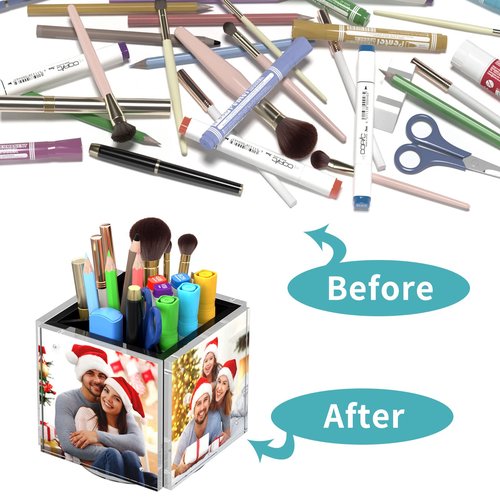 HIIMIEI Acrylic Rotating Pen Holder for Desk, Pencil Holder Picture Frame Holds 4 Family Photos of 4"x4", Desk Pen holder Organizer for Office, Classroom, Home, Kids (Black)