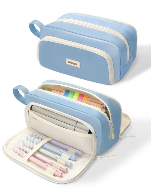 SUNEE Large Pencil Case, Big Capacity Pen Pouch with 3 Compartments, Kawaii Cute Pencil Bag with Zipper, High Storage Stationery Holder and Organizer, School Supplies for Teen and Adult Girls, Blue