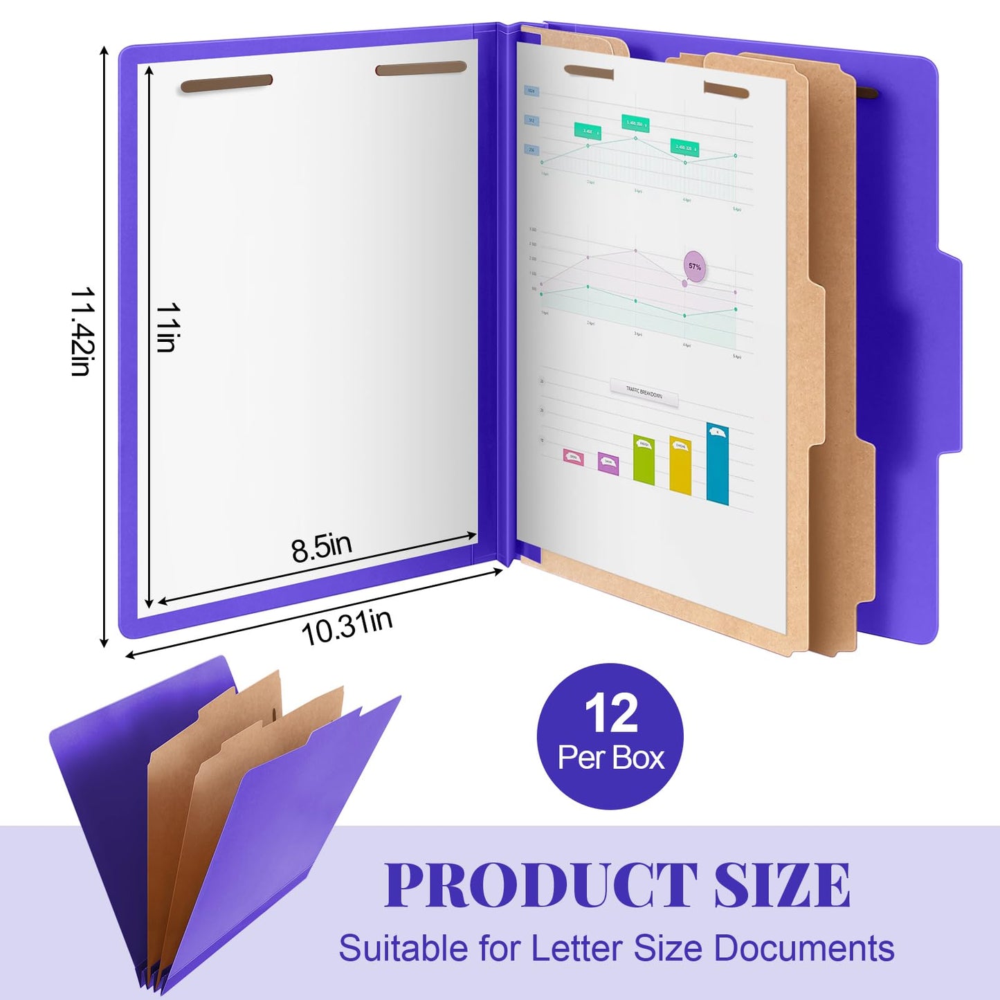 Skyygemm 12 Pcs Classification Folders Letter Size Bulk - 2 Dividers Pressboard File Folder with 3. 5 Inch Expansion, 2 Prongs Fastener, Heavy Duty Office File Organizer for Teacher Medical (Purple)