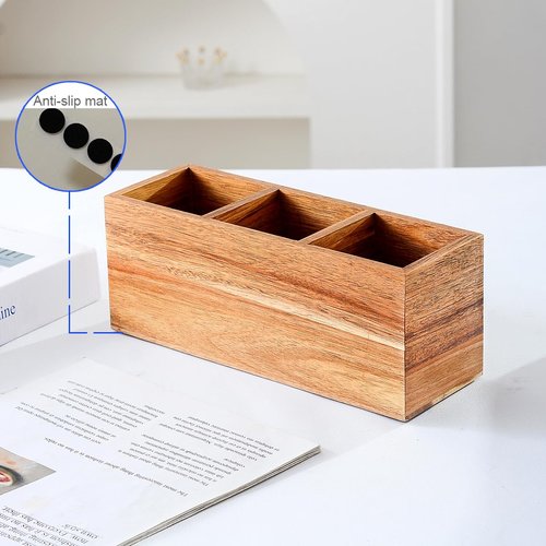 YOSCO Wood Pens Pencils Holder Cup for Desk Remote Control Holder, Caddy, Organizer, Desktop Storage with 3 Compartments, Makeup Brush Holder, Silverware Caddy for Party, Office Supplies (Acacia)