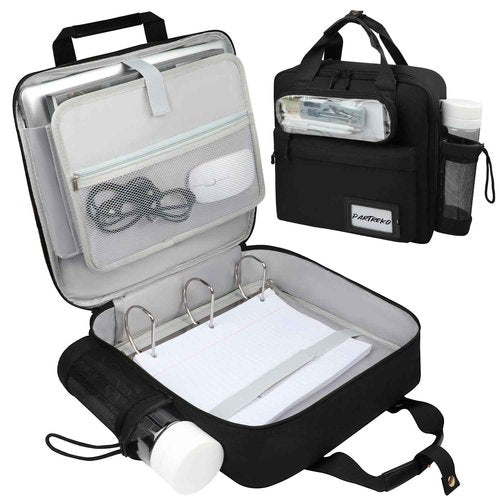 Partreko 3 inch D-ring Zipper Binder Bag for 700 Sheets&13 inch Laptop Organizer, Detachable Zip Up Binder with Removable Pen Case& Bottle Pocket for Middle High School Office Supplies Storage (Black)