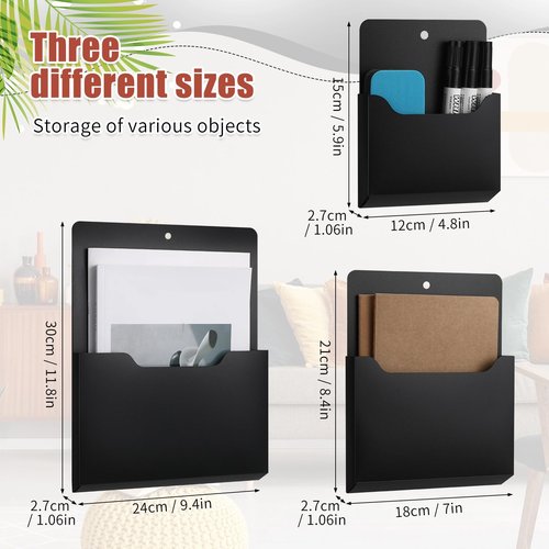 Patelai 3 Pcs Magnetic File Holder, Pocket Vertical Magnetic Paper Holder Pen Holders for Fridge Classroom Whiteboard Office File Cabinets Mail Letter Magazine Notebooks Documents(Multi Size,Black)