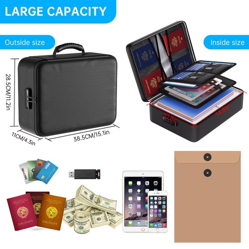ENGPOW 5200°F Fireproof Document Bag with Lock,Upgraded Heat Insulated Fireproof＆Waterproof Box 8 Layers File Organizer,Portable Home Travel Safe Storage for Important Documents,Passports,Laptop