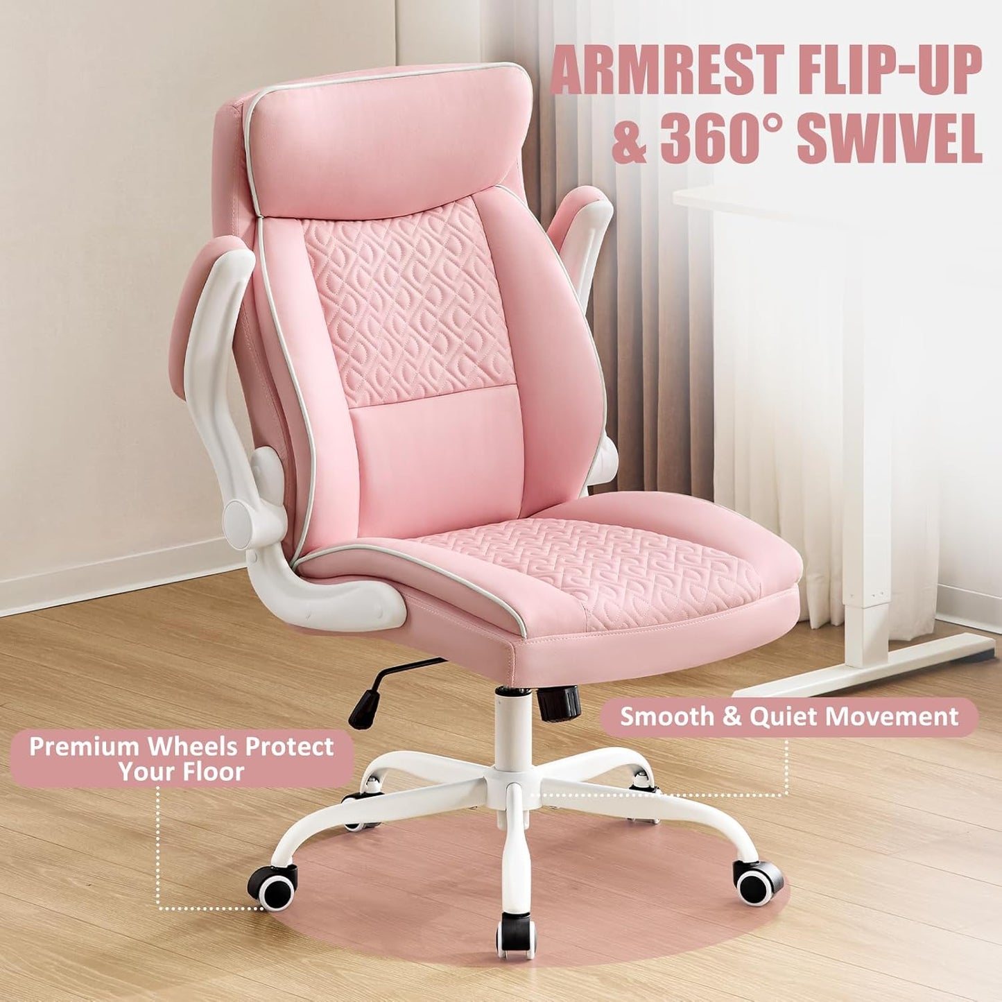 Skiennix Leather Office Chair - Comfortable Executive Desk Chair with Lumbar Support | Pink, 400lbs Capacity