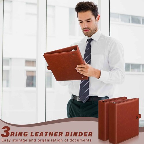ReliThick 2 Pcs Leather 3 Ring Binder 2 Round Rings for 8.5 x11 Paper and Sheet Protectors Brown Binder Organizer Interior Pockets Snap Closure Letter Size