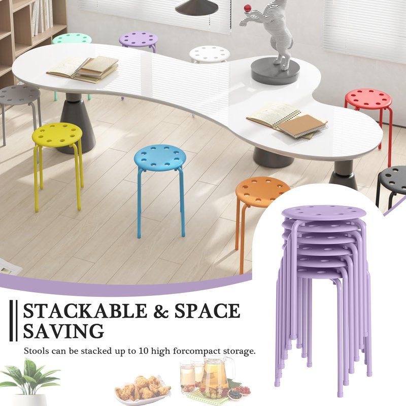 VECELO Stackable Stools Set of 6, 17.7 Inch Standard Height, Portable Plastic Colourful Decoration Stools for School Classroom and Office, No Assembly Required, Purple