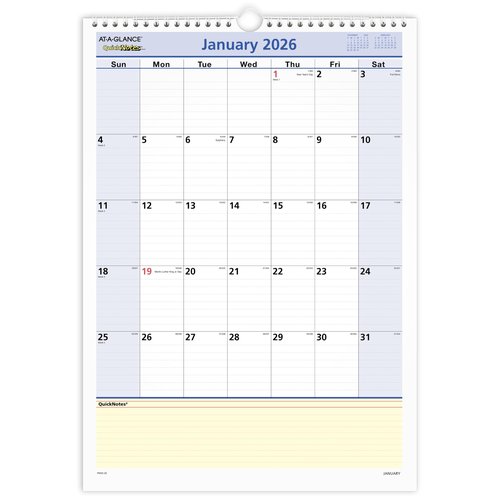 AT-A-GLANCE 2026 Wall Calendar, 12" x 17", Medium, QuickNotes (PM522826)