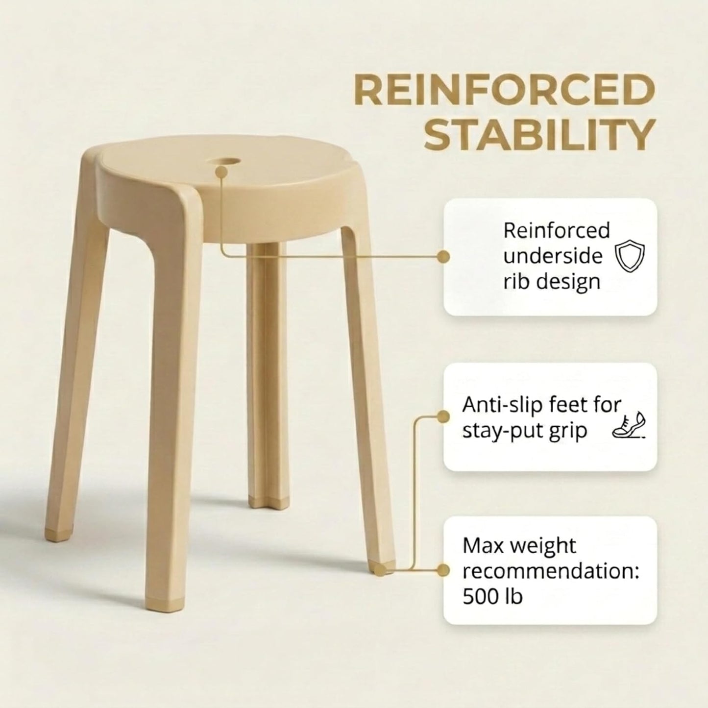 Stackable Stools Set of 6 - Durable Plastic Seating for Classroom & Home Office | 18-Inch Height, Supports 500 lbs | Beige