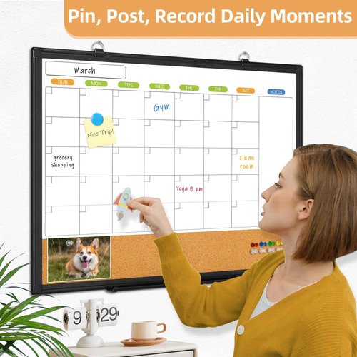 Dry Erase Calendar Whiteboard for Wall, WALGLASS 36" x 24" Double-Sided Monthly Calendar White Board Cork Combo, Black Aluminum Frame Hanging Wall Mounted Bulletin Corkboards for Home, Office, School