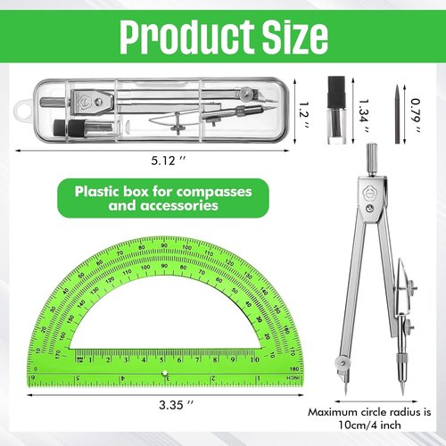 EBOOT Geometry Math Set - Drawing Compass & 6-Inch Swing Arm Protractor | Green Color
