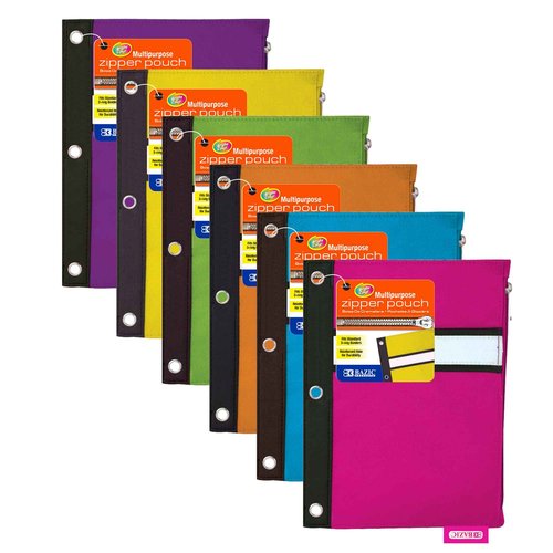 BAZIC Pencil Pouch 3 Ring Binder Pouch w/Rivet Enforced Rings Holes, Zipper Pouches Bag, Assorted Color, 24-Pack