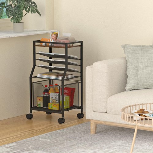 BOHDK Rolling File Cart, 6-Tier Desk File Organizer on Lockable Wheels, Brown Wood Planks & Mesh Sliding Hanging Folder Drawer, Organization Cart for Office Home School