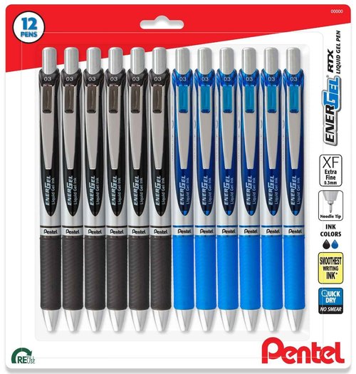 Pentel Energel 0.3mm Extra Fine Point Rtx Retractable Needle Tip Pen - Pack of 12; 6 Black & 6 Blue