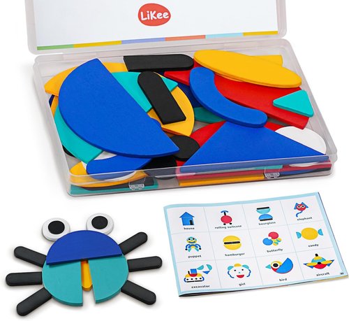 LiKee Wooden Shape Puzzles - 36 Blocks & 60 Patterns for Montessori Learning | Educational Toys for Ages 3+