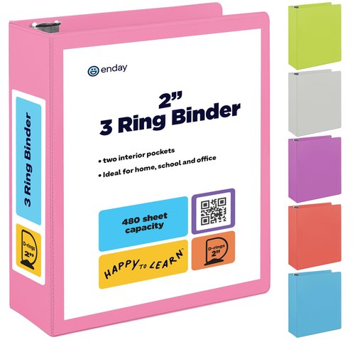 2 Inch 3 Ring Binder 2” Pink, Slant D-Ring 2 in Binder Clear View Cover with 2 Inside Pockets, Heavy Duty Colored School Supplies Office and Home Binders – by Enday