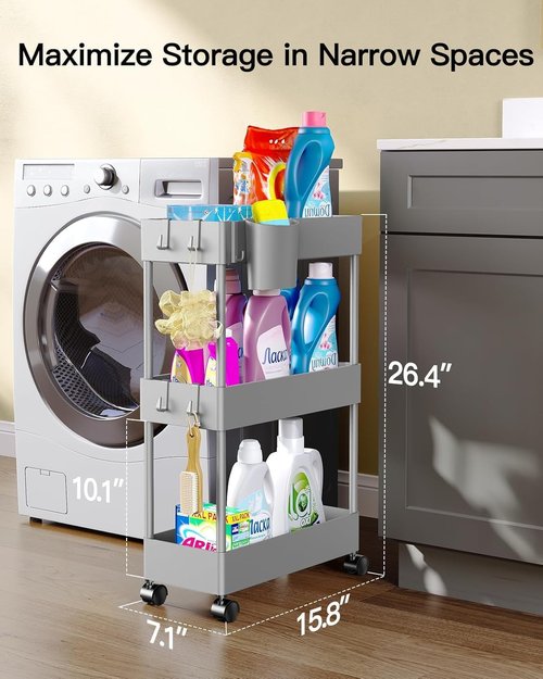 Pipishell Slim Storage Cart - 3-Tier Rolling Organizer for Bathroom, Kitchen, and Laundry Room - Gray