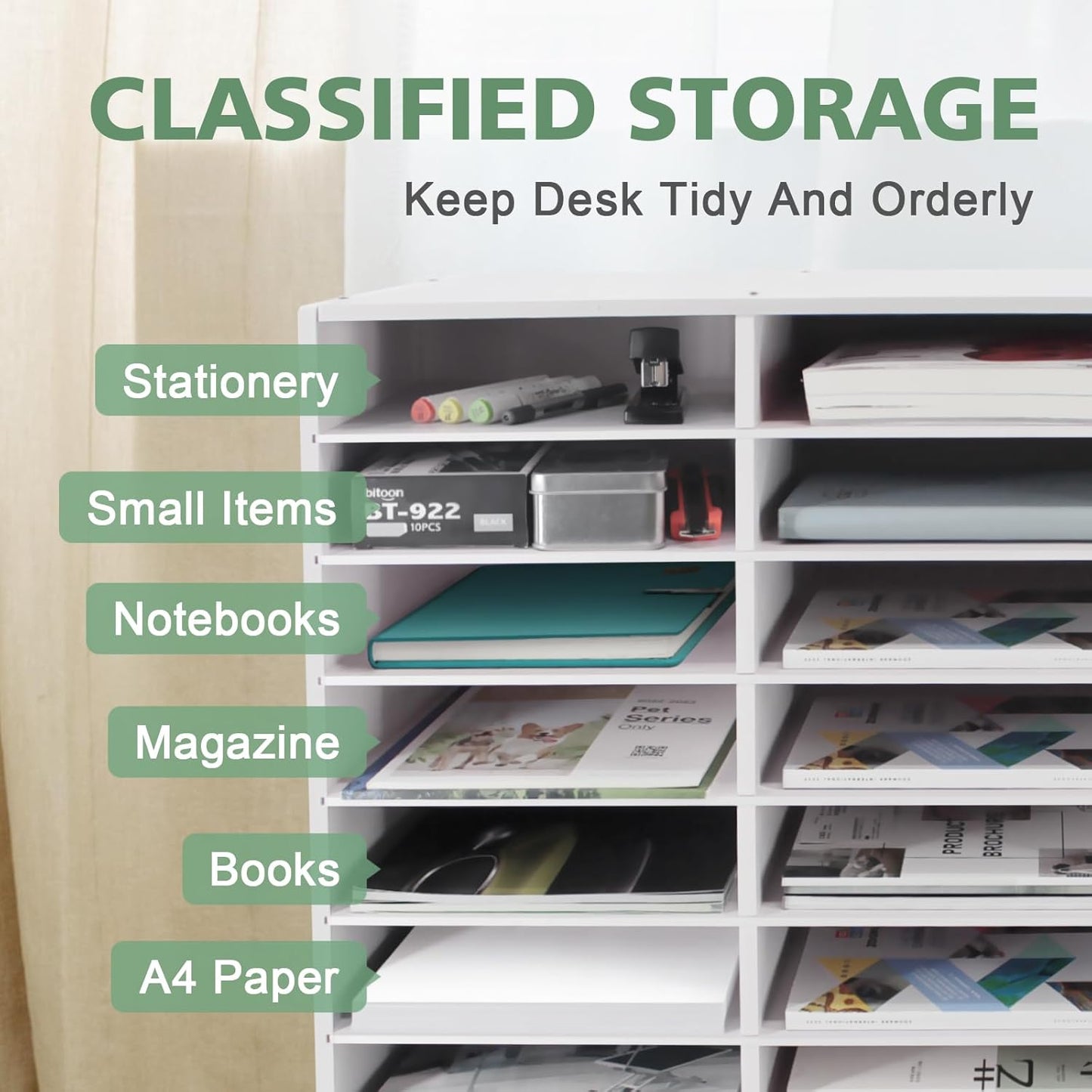 SONGWAY Desk Paper Storage Organizer - 24-Compartment Literature Organizer with Adjustable Shelves | White