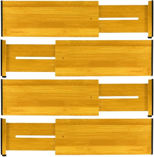 Bamboo Drawer Dividers, Adjustable 4-Piece Organizer - Spring-Loaded, Expandable 17"-22" for Home/Office/Dressers/Bedroom/Bathroom