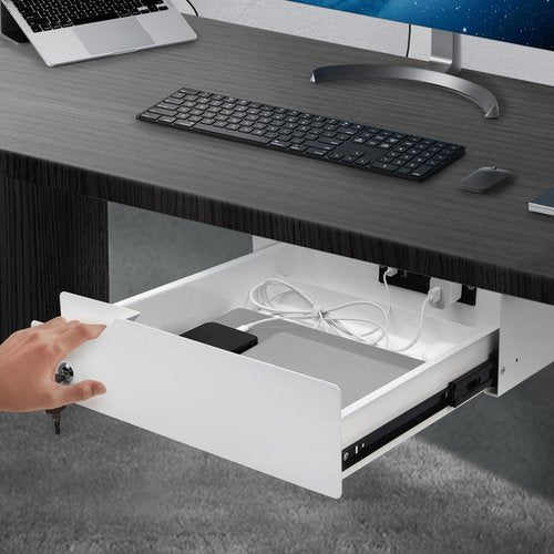 Lumil Under Desk Mounted Drawer Lockable with Charging Station Power Strip and Foldable Cable Management Arm for Office Desk 15.7" (W) x 15.7" (D) x 4.4" (H), White