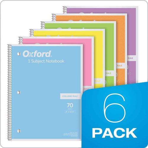 Oxford Spiral Notebook, 1 Subject, College Ruled Paper, 8 x 10-1/2 Inch, Pastel Pink, Orange, Yellow, Green, Blue and Purple, 70 Sheets (63756)(Pack of 48)
