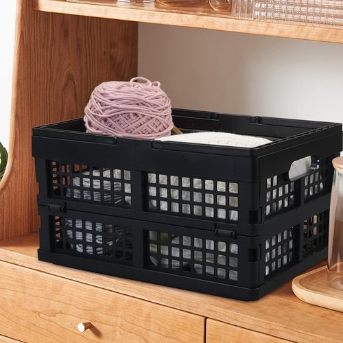 Hommp 2-Pack Collapsible Plastic Crate, 15 L Stackable Folding Crates with Handle, Black