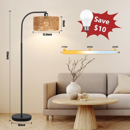 Brilvibera Rattan Floor Lamp- Boho Floor Lamp for Living Room, Rattan Standing Lamps with Dimmable Bulb, Adjustable Rattan Lamp Shades Bohemian Over Couch Lamps for Bedroom, Office