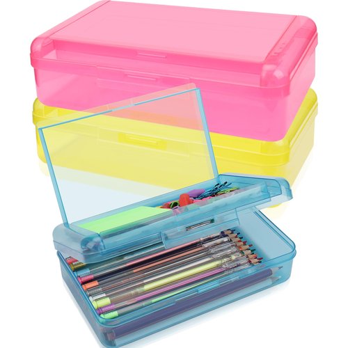 3 PCS Pencil Box,Double Layer Large Capacity Pencil Box,Hard Pen Case with Snap-tight Lid,Plastic Pencils Case for Office School Supplies Pen Boxes Storage Organizer for Pens Eraser-Blue+Yellow+Pink