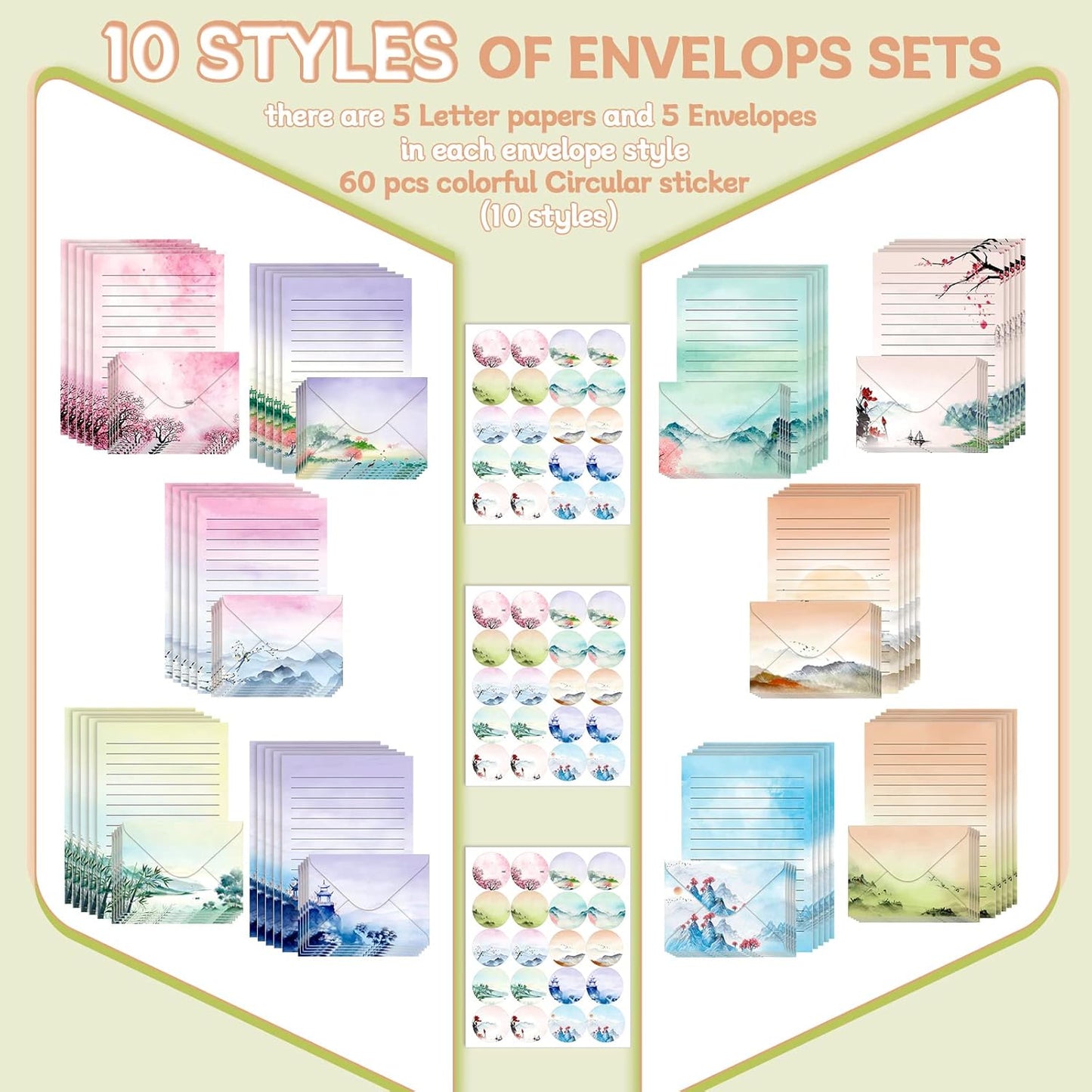 TaoBary Stationery Paper Set - 160 Pcs with 50 Double-Sided Sheets & Envelopes | 10 Unique Designs, 5.5 x 8.25 Inch