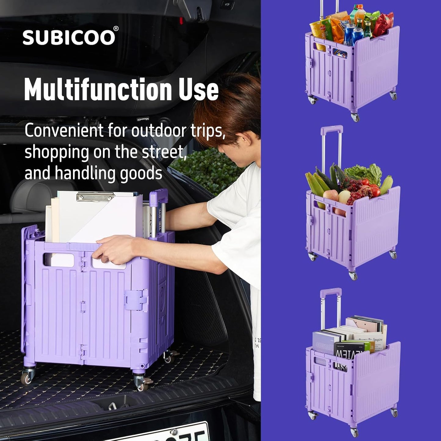Skiennix Folding Utility Cart - Portable Rolling Handcart with Lid & 4 Swivel Wheels | Purple