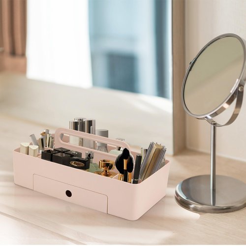 GYMDLN Multipurpose Caddy Organizer with Handle -8 Compartments and 1 small drawer - Art Craft Supplies, Office, Desk, Stationery Pen Holder, Makeup, Bathroom, Shower, Cleaning, Dorm Organizer - Pink
