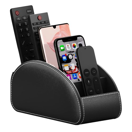Thipoten Remote Control Holder for Table, Faux Leather Caddy/storage/Tray for Remote Controllers, Office Supplies, Perfect Space Saver for End Table/Nightstand/Office Desk (Black, Large)