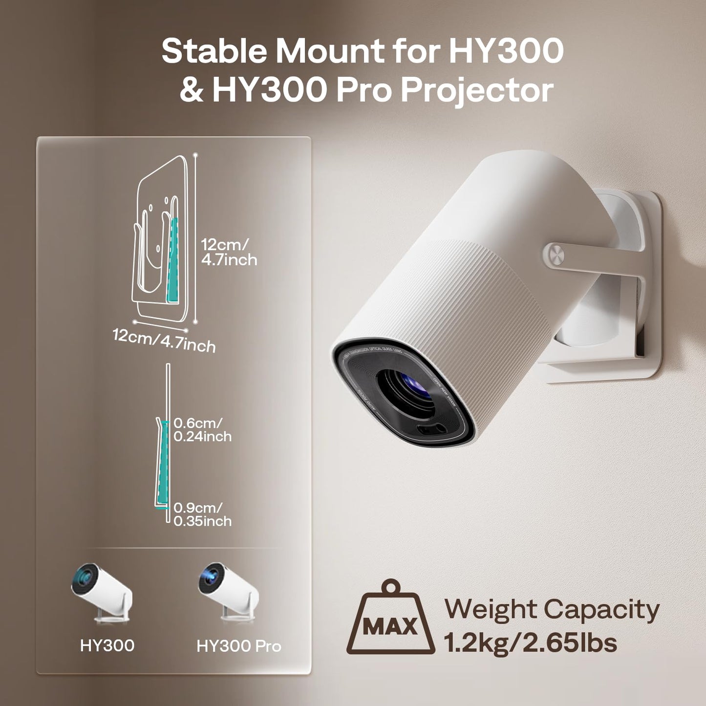 Durable Non-slip HY300 Projector Ceiling Mount, projector Wall mount for HY300Pro , Stable Holder Compatible with CLOKOWE, Thunrlge, MAGCUBIC, LYNCAST, CHICDAZE and other HY300&Pro Projector, White