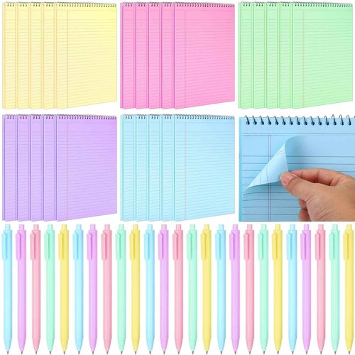 Marspark 50 Pcs Back to School Supplies 8.5 x 11 Spiral Legal Pads Top Bound Steno Notebook and Retractable Ballpoint Pen, Pastel College Ruled Notepad Pens Sets Tear Line for Removal Spiral Note Pad