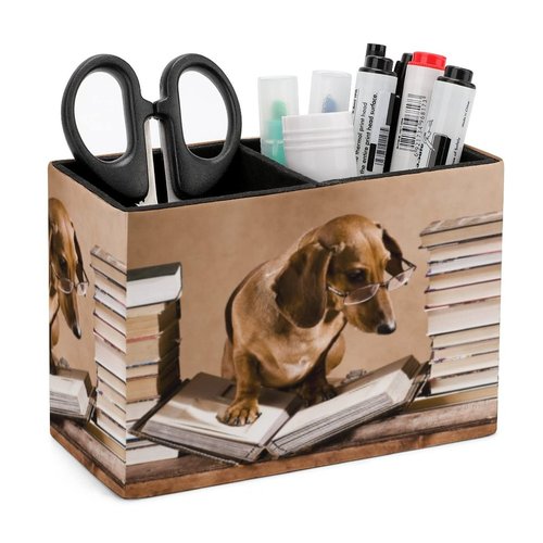 Niapessel Pencil Holder for Desk, Funny Dachshund Animal Pen Holder Storage Desktop Pen Organizer Desk Pencil Organizer Makeup Brush Holder for Office School College Leather