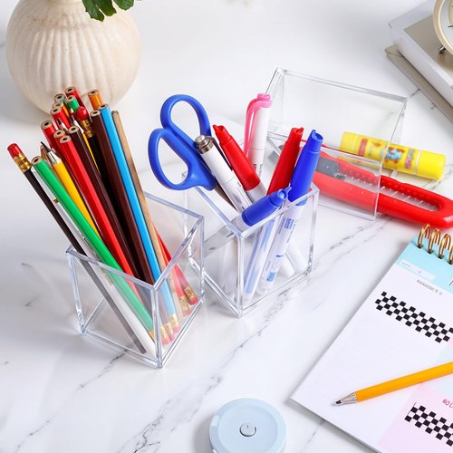 Kifmurase 12 Pack Acrylic Pen Holder Clear Makeup Brush Holder for Desk, Pencil Organizer Makeup Brush Pen Cup Cosmetic Brushes Stationery Organizer Accessories for Office Home Desktop Storage
