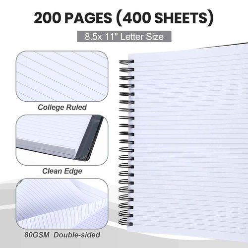 Yeaqee 4 Pack 5 Subject Notebook, College Ruled, Spiral Notebook with Removable Dividers, 8.5" x 11" 400 Pages (200 Sheets) Writing Journal for School Office Home Supplies