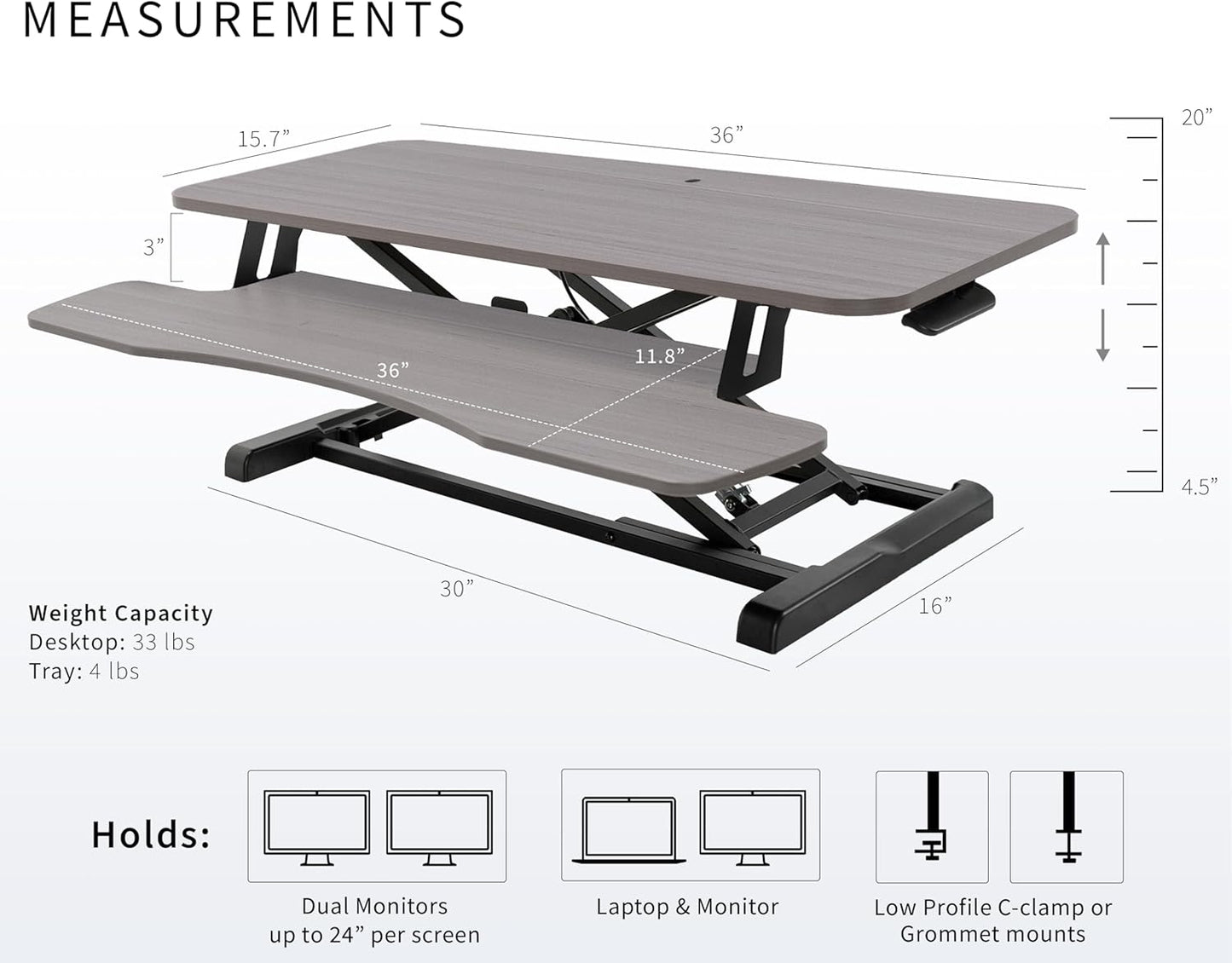 VIVO 36-Inch Height Adjustable Desk Converter - Sit to Stand Dual Monitor Workstation | Gray Top, Black Frame