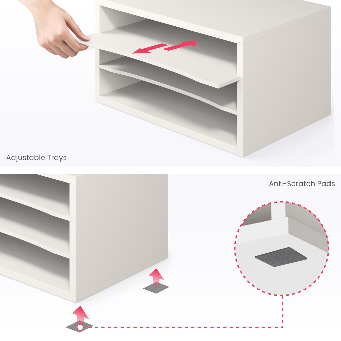 Ballucci Paper Organizer, 3-Tier Stackable Wood Desk Organizer, Document File Organizer and Mail Sorter with Adjustable Storage Shelves, White