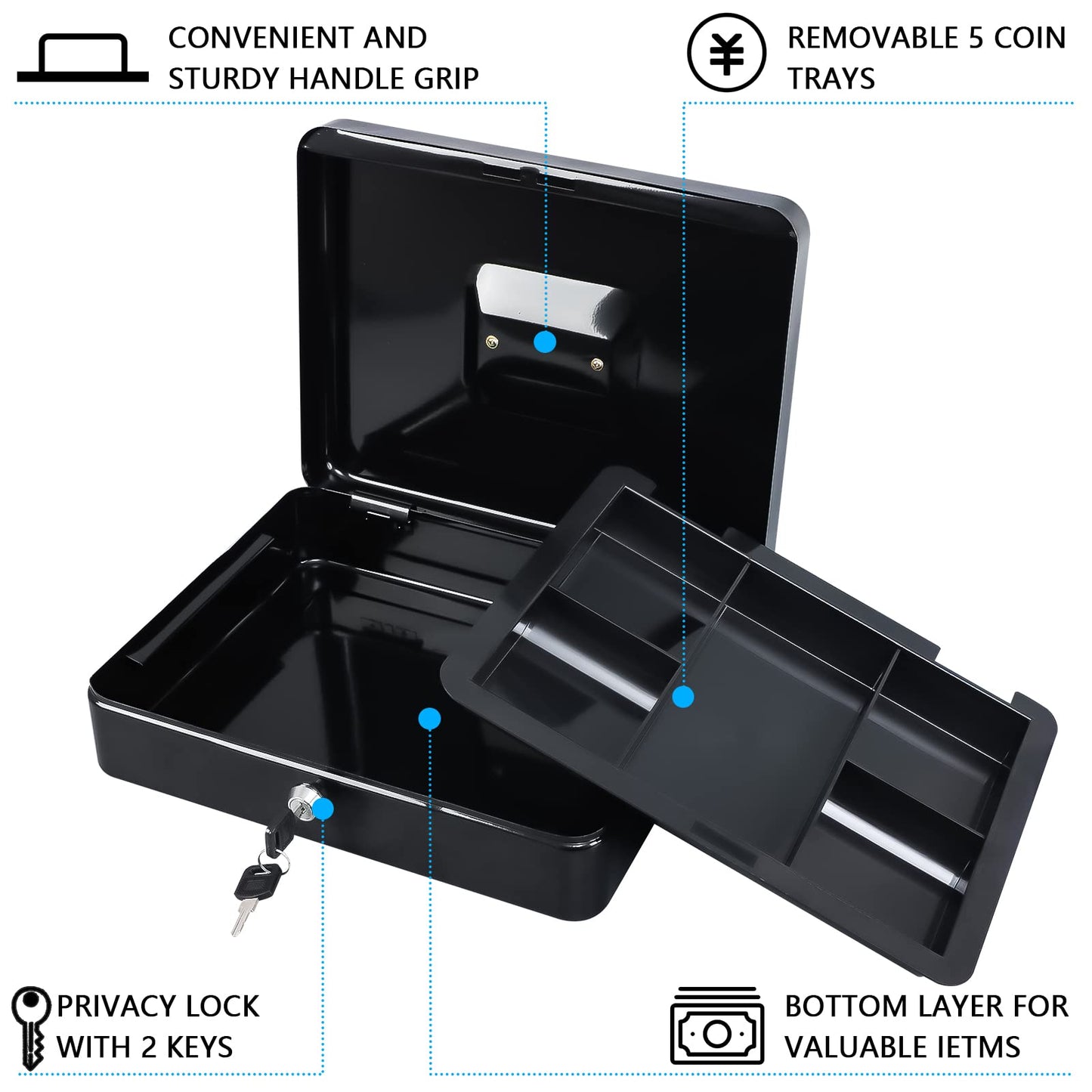 KYODOLED Metal Cash Box with Money Tray and Lock,Money Box with Cash Tray,Cash Drawer,11.81"x 9.45"x 3.54" Black X Large