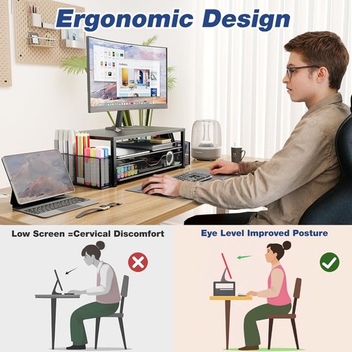 OPNICE Desk Organizer - 2-Tier Computer Monitor Stand Riser with Drawer & Pen Holders | Black