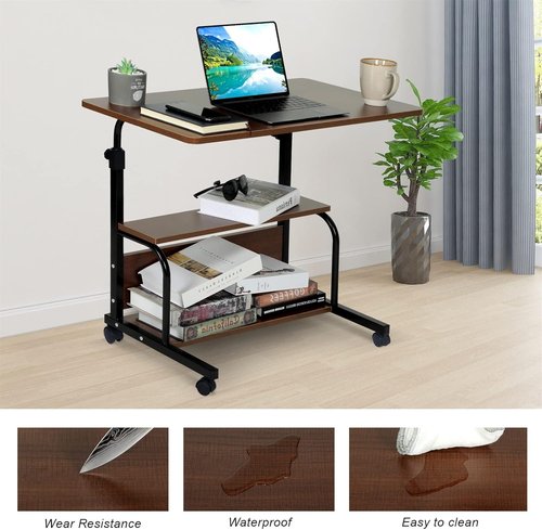 QZMDSM Portable Rolling Desk - Adjustable Height Small Standing Desk with Wheels | 32" Brown Computer Desk with Storage Shelves for Home Office